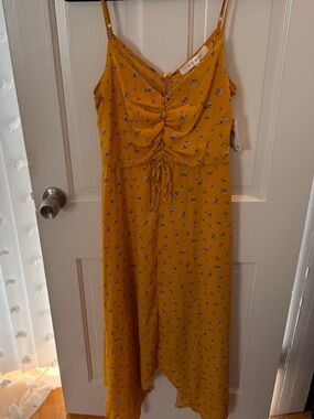 row a Mustard Yellow Floral Ruched Midi Dress